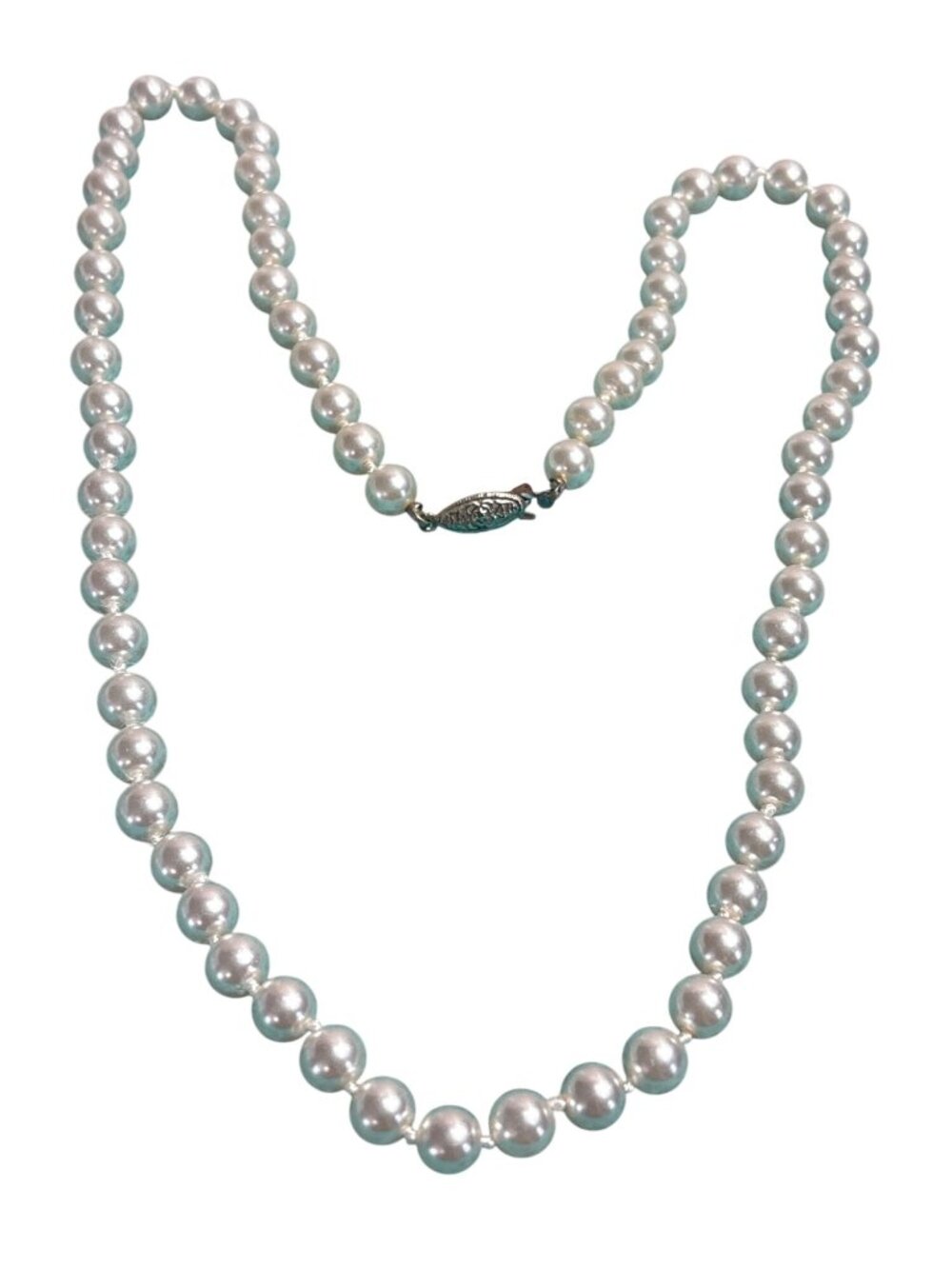 Vintage Glass Faux Pearl Knotted Necklace Silvertone Fish Hook Clasp 24 inches